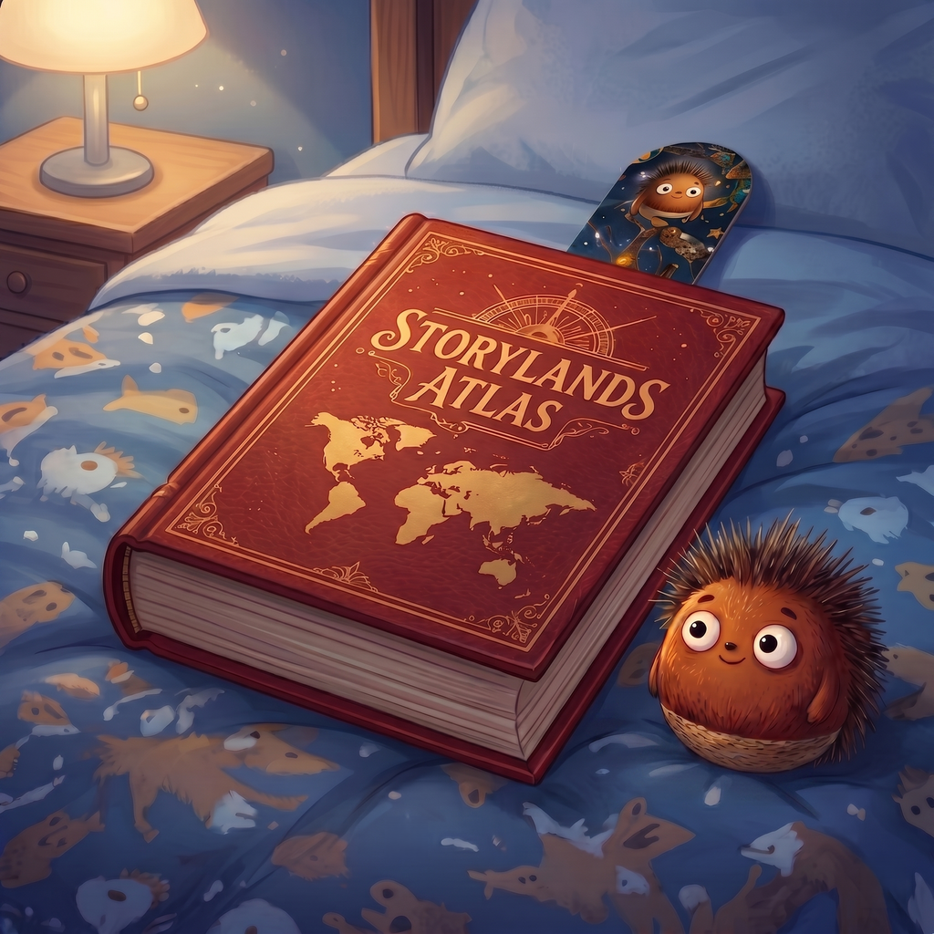 Storylands Atlas book on a bed with a chucky chestnut toy next to it