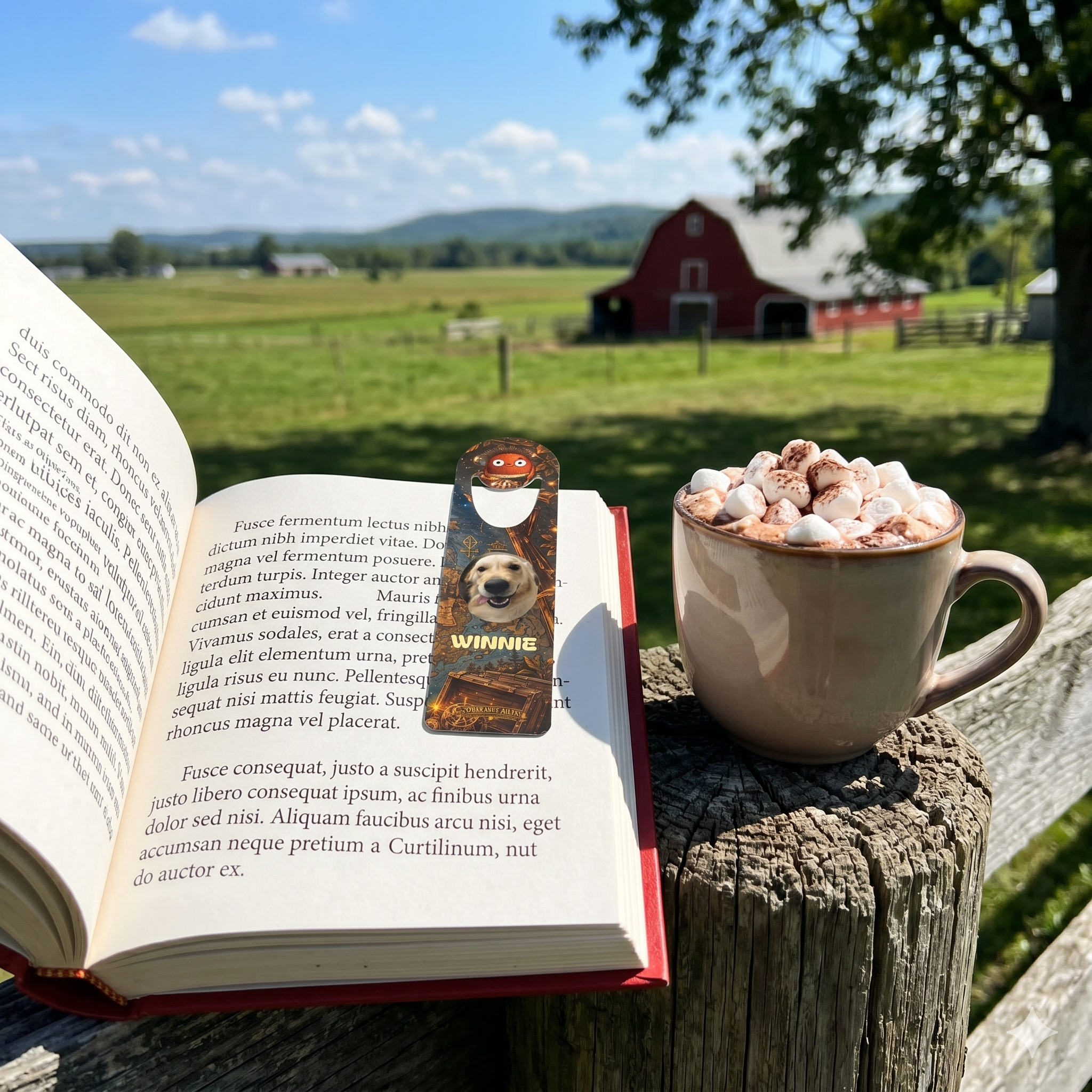 Open book with a bookmark featuring a dog, mug of hot chocolate with marshmallows, and scenic background with red barn.