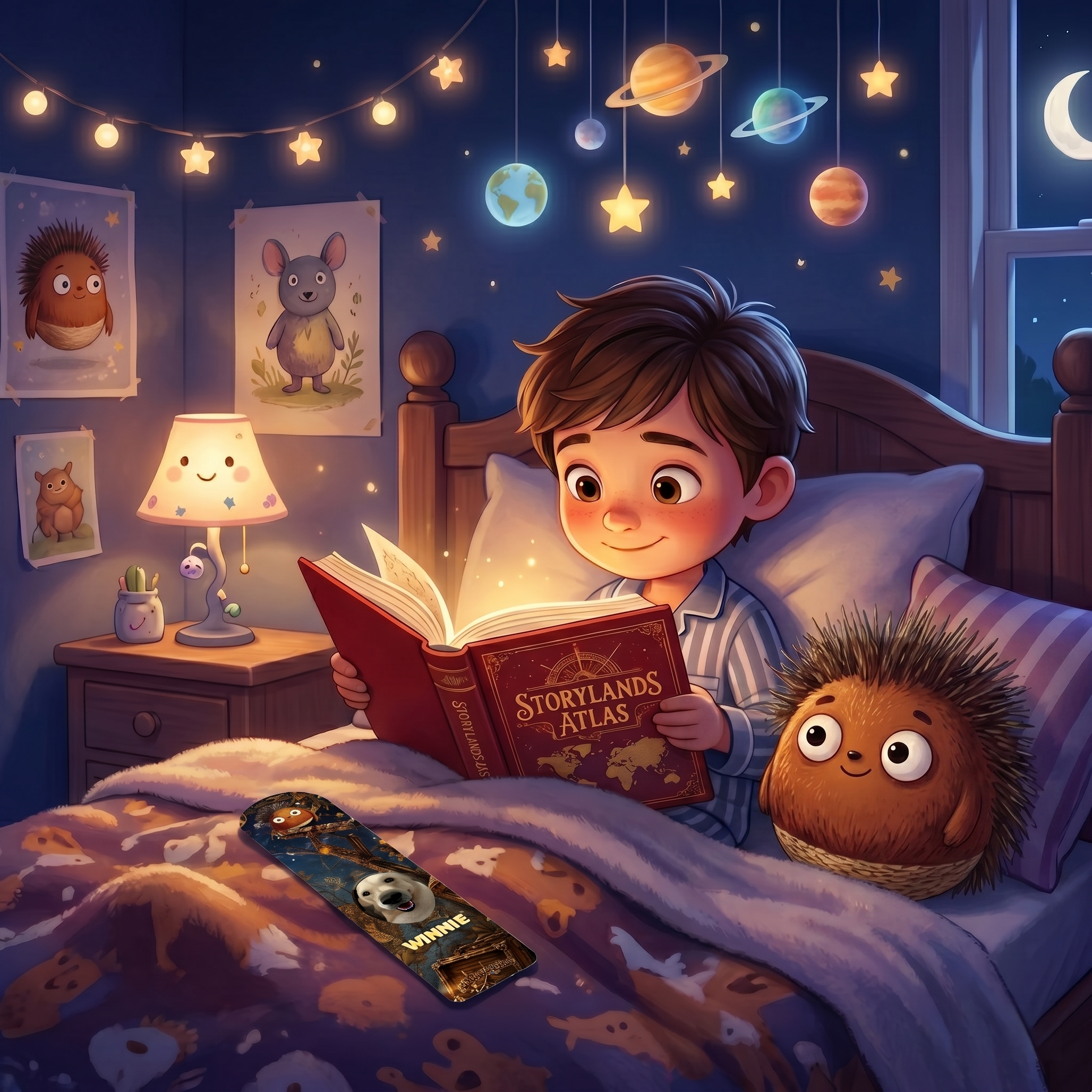 Child reading 'Storylands Atlas' in bed with nightlight and space-themed decorations